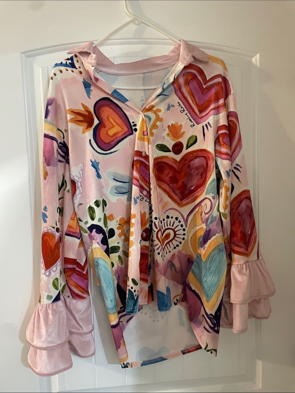 Girls Pink Heart Print Ruffle-Sleeve Top